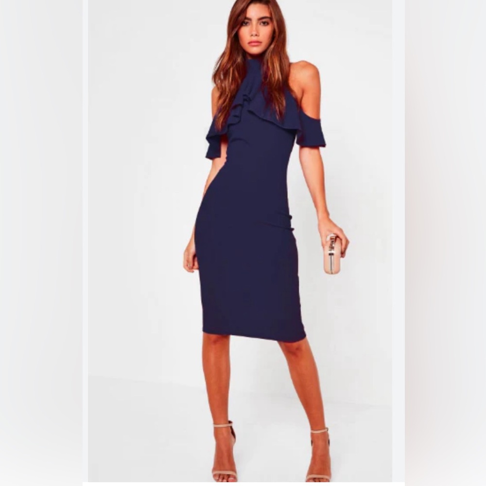 Missguided Blue Cold Shoulder Frill Midi Dress